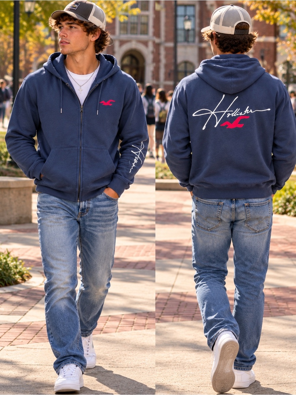Hollister Men's Navy Zip-Up Hoodie with Red Logo and Sleeve Script